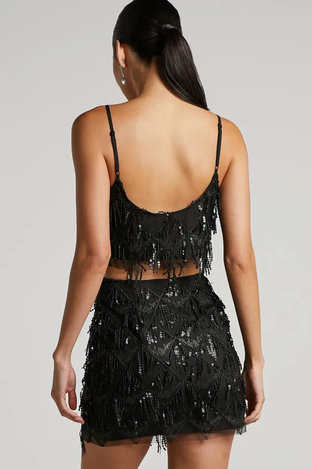 Khrizza Top 8211 Sequin Diamond Mesh Cropped Cami Top In Black Women Showpo Tops