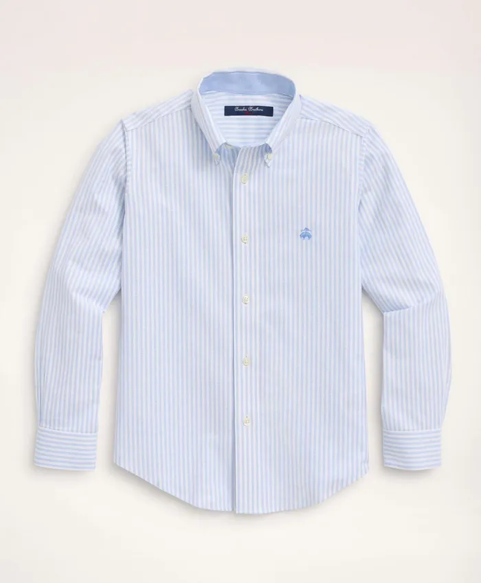 Kids Boys NonIron Stretch Cotton Oxford Stripe Sport Shirt Blue Brooks Brothers Shirts