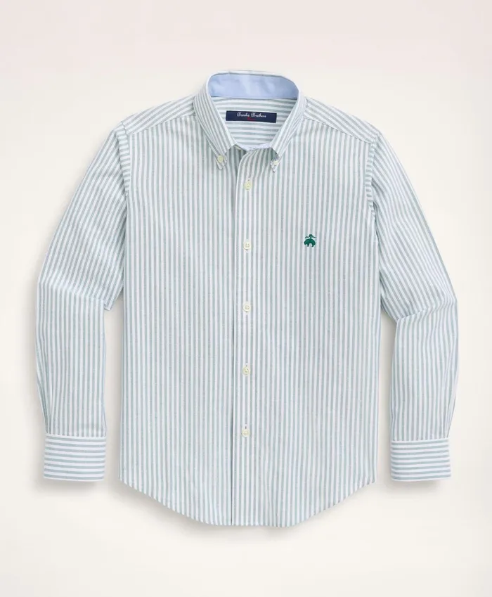 Kids Boys NonIron Stretch Cotton Oxford Stripe Sport Shirt Green Brooks Brothers Shirts