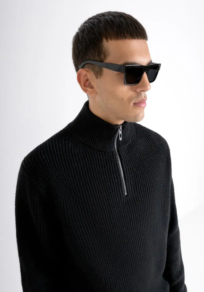Knitwear Men Antony Morato Regular Fit Black Sweater With Zip In Merino Wool Blend Black