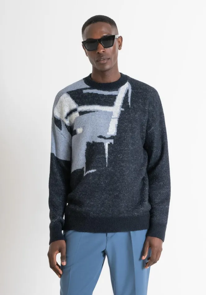 Knitwear Men Antony Morato Relaxed Fit Sweater In Mixed Fabric With Abstract Motif Blue Ink Knitwear Men Antony Morato Relaxed Fit Sweater In Mixed Fabric With Abstract Motif Blue Ink