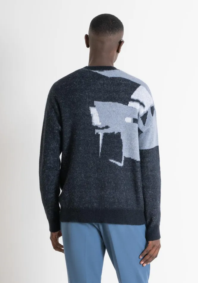 Knitwear Men Antony Morato Relaxed Fit Sweater In Mixed Fabric With Abstract Motif Blue Ink