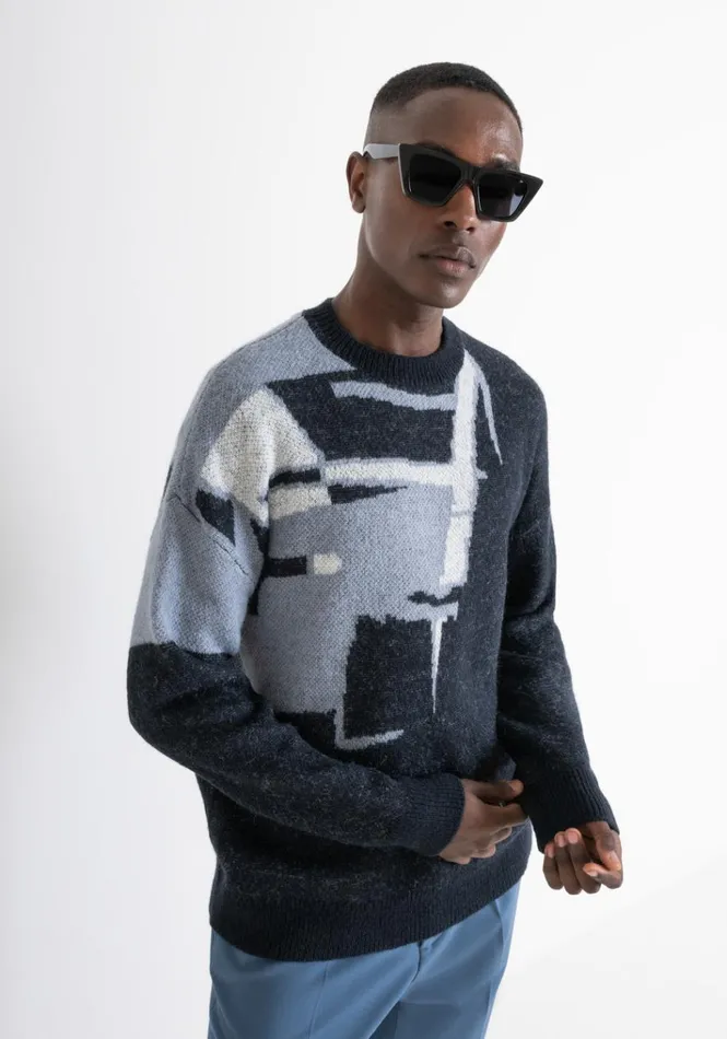 Knitwear Men Antony Morato Relaxed Fit Sweater In Mixed Fabric With Abstract Motif Blue Ink