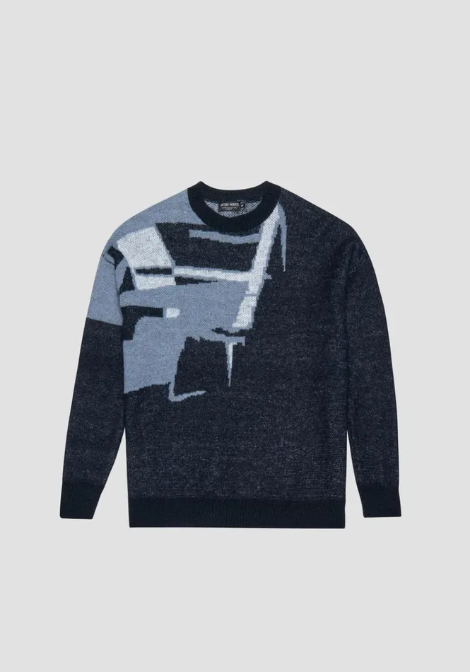 Knitwear Men Antony Morato Relaxed Fit Sweater In Mixed Fabric With Abstract Motif Blue Ink