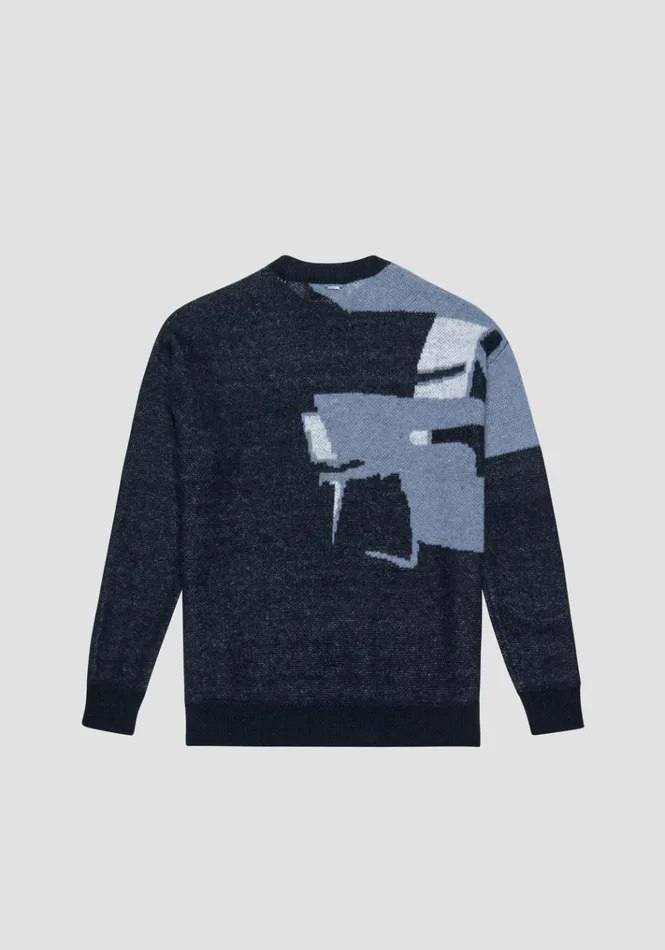 Knitwear Men Antony Morato Relaxed Fit Sweater In Mixed Fabric With Abstract Motif Blue Ink