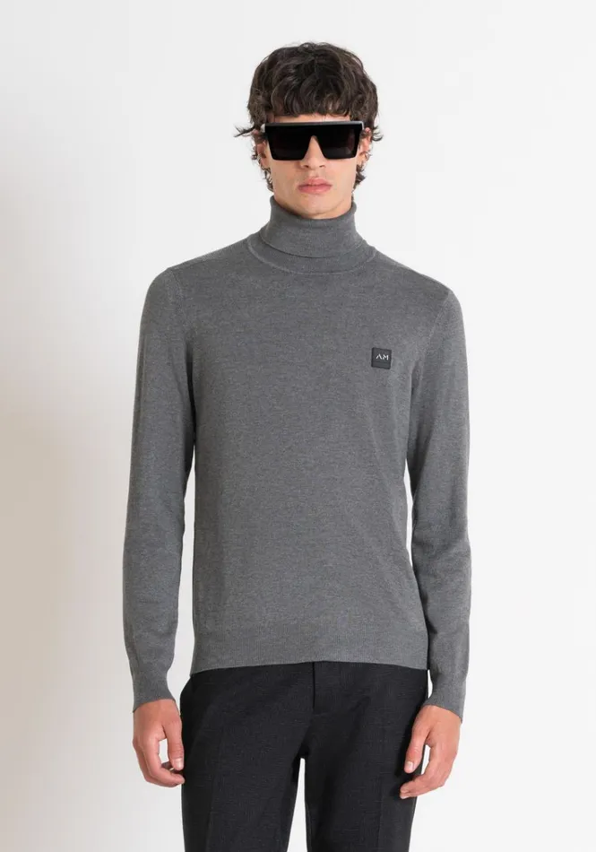 Knitwear Men Antony Morato Slim Fit Viscose Blend Yarn Jumper With Logo Patch Medium Melgrey