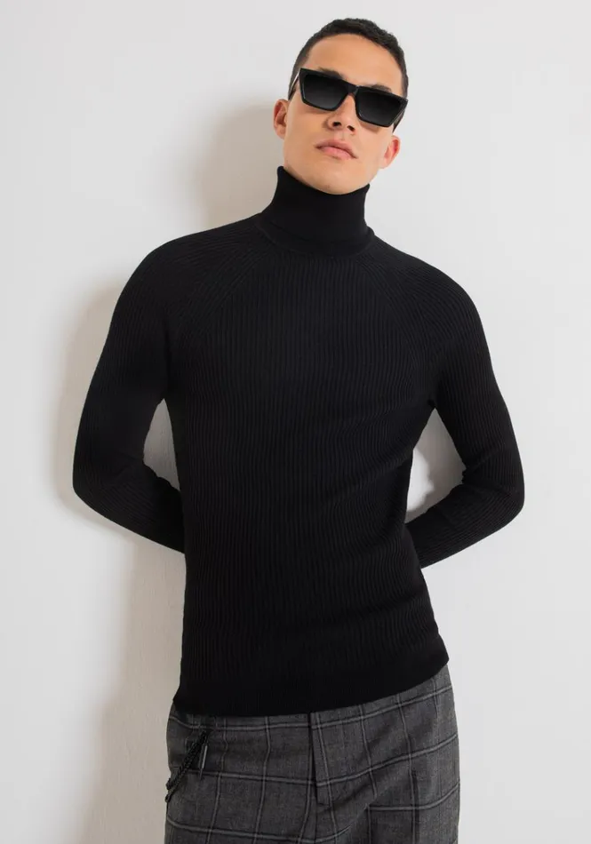 Knitwear Men Antony Morato Turtleneck Sweater With Ribbed Processing Black