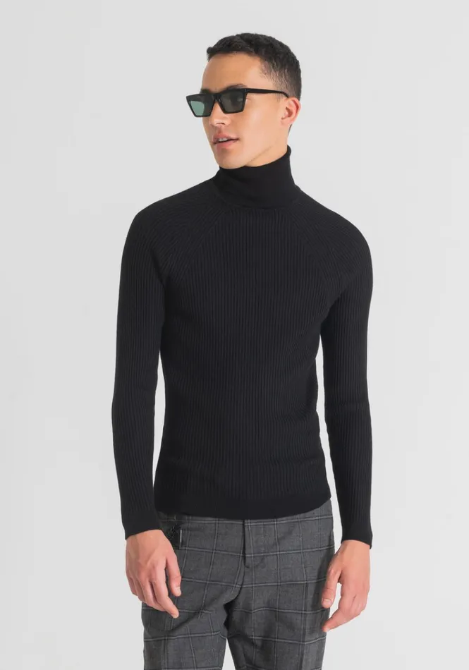 Knitwear Men Antony Morato Turtleneck Sweater With Ribbed Processing Black