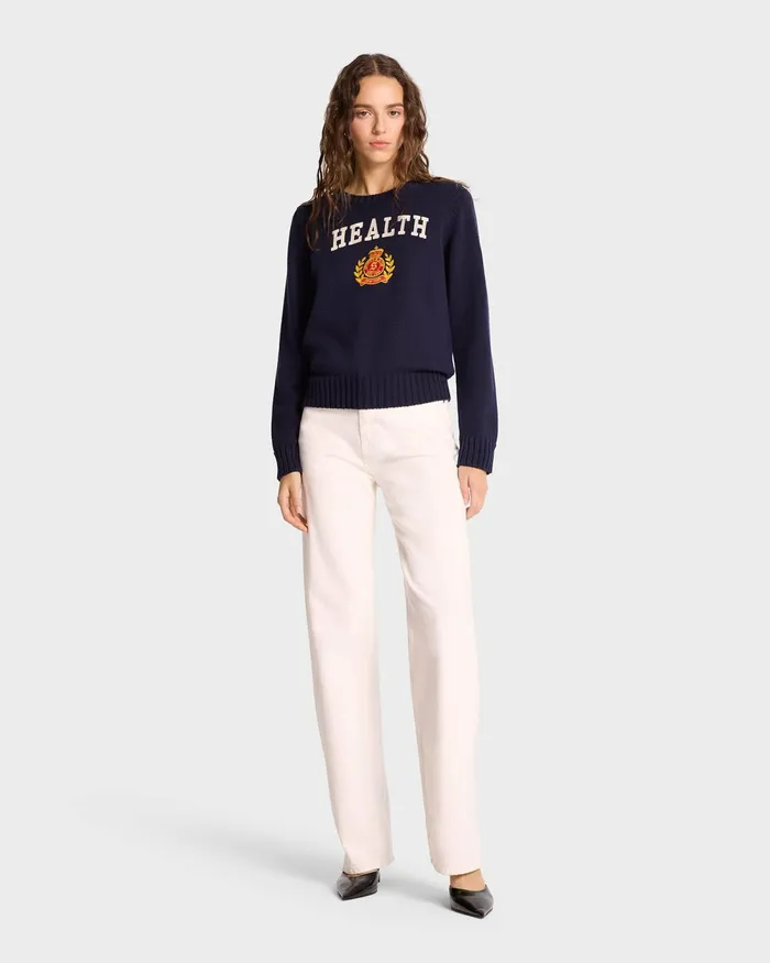 Knitwear Women Sporty and Rich NY Health Crest Knitted Sweater 8211 NavyWhiteGold