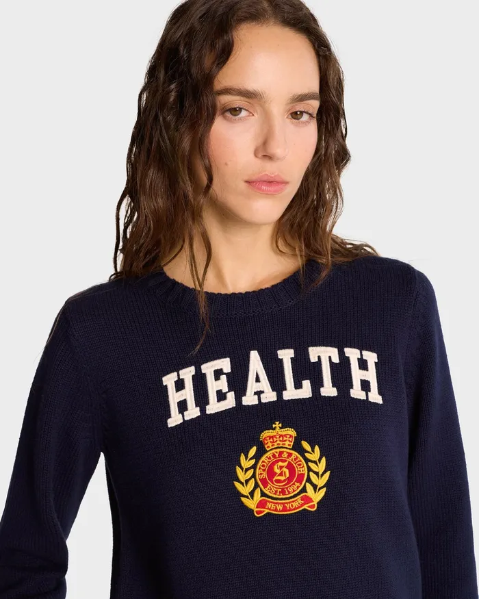 Knitwear Women Sporty and Rich NY Health Crest Knitted Sweater 8211 NavyWhiteGold