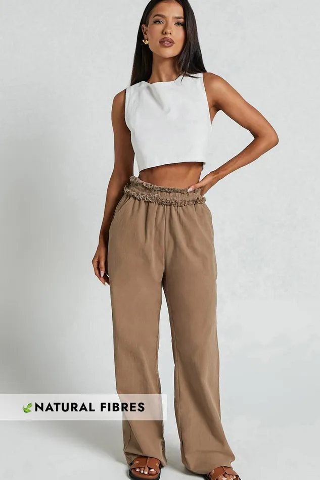 Kylie Pants 8211 High Frayed Elasticated Waist Linen Look Pants In Mushroom Women Showpo Conscious Kylie Pants 8211 High Frayed Elasticated Waist Linen Look Pants In Mushroom Women Showpo Conscious