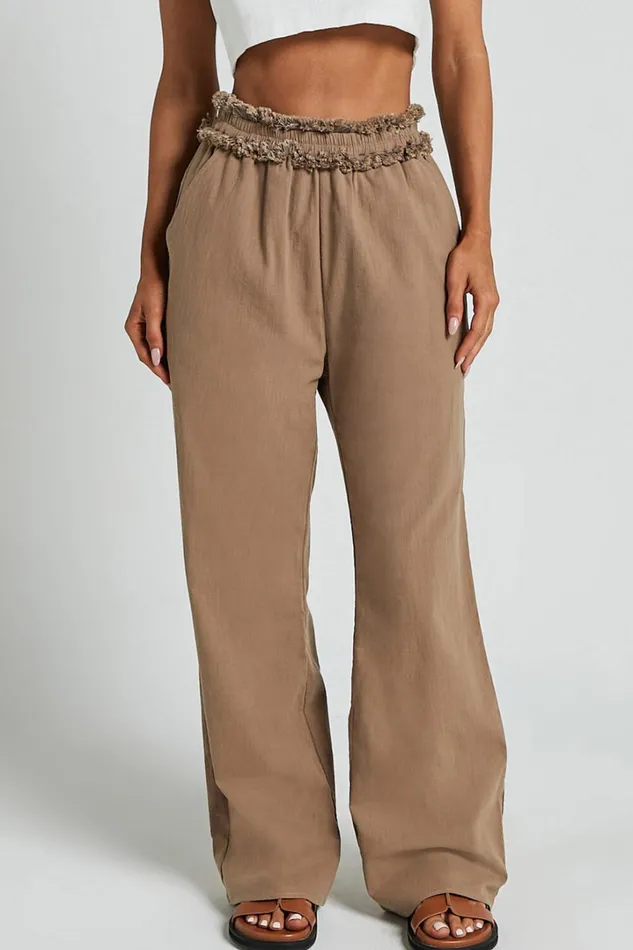 Kylie Pants 8211 High Frayed Elasticated Waist Linen Look Pants In Mushroom Women Showpo Conscious