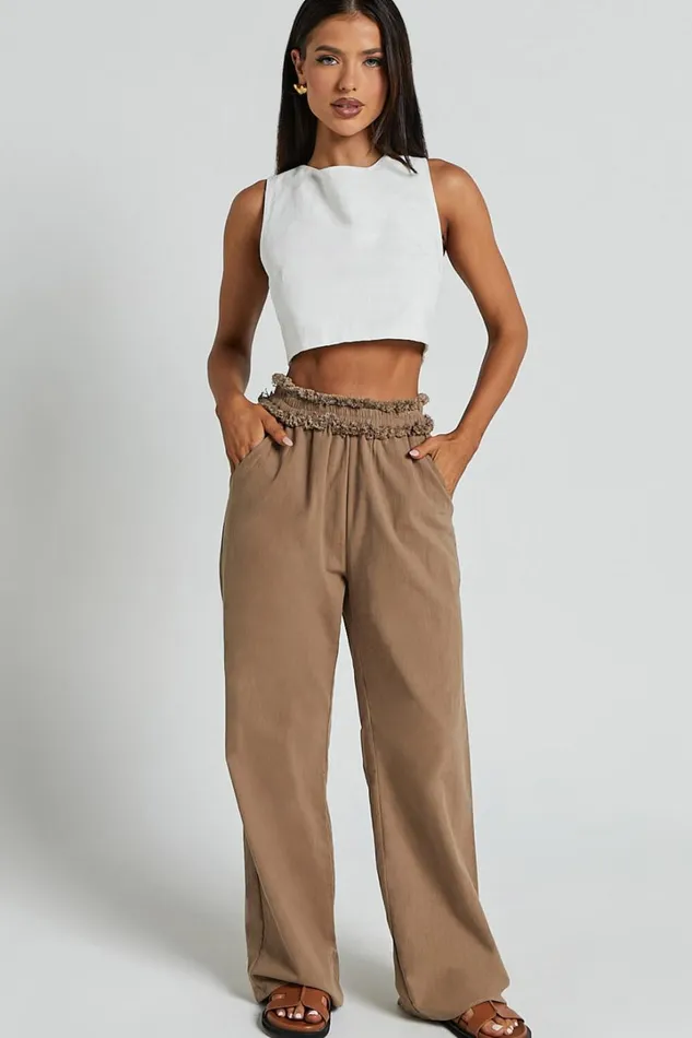 Kylie Pants 8211 High Frayed Elasticated Waist Linen Look Pants In Mushroom Women Showpo Conscious
