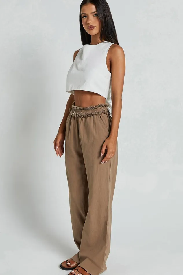 Kylie Pants 8211 High Frayed Elasticated Waist Linen Look Pants In Mushroom Women Showpo Conscious