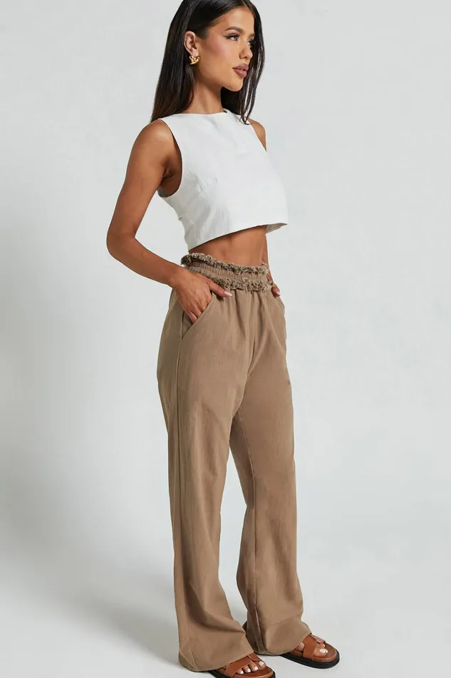 Kylie Pants 8211 High Frayed Elasticated Waist Linen Look Pants In Mushroom Women Showpo Conscious