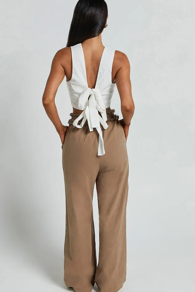 Kylie Pants 8211 High Frayed Elasticated Waist Linen Look Pants In Mushroom Women Showpo Conscious