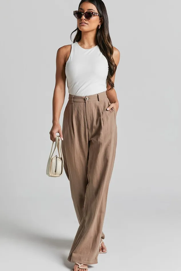 Larissa Trousers 8211 Linen Look Mid Waisted Relaxed Straight Leg Trousers In Mushroom Women Showpo Pants