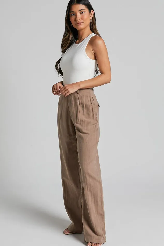 Larissa Trousers 8211 Linen Look Mid Waisted Relaxed Straight Leg Trousers In Mushroom Women Showpo Pants