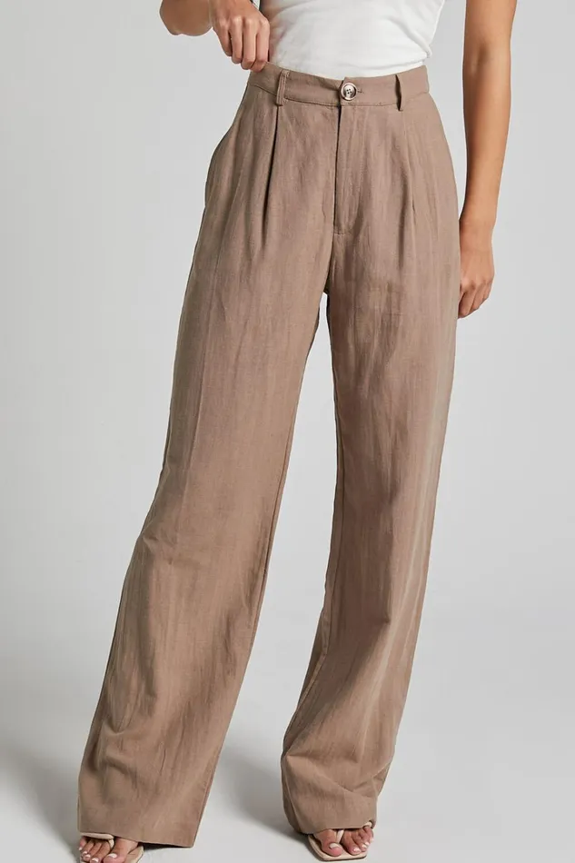 Larissa Trousers 8211 Linen Look Mid Waisted Relaxed Straight Leg Trousers In Mushroom Women Showpo Pants