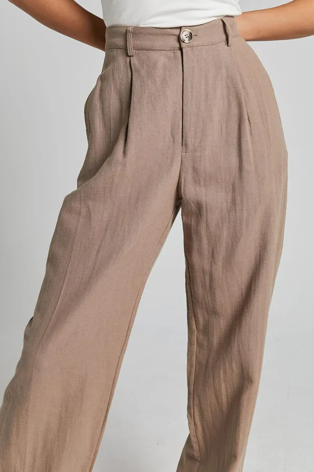 Larissa Trousers 8211 Linen Look Mid Waisted Relaxed Straight Leg Trousers In Mushroom Women Showpo Pants