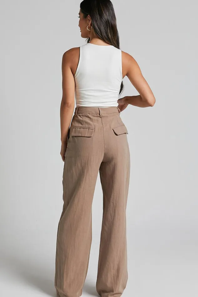 Larissa Trousers 8211 Linen Look Mid Waisted Relaxed Straight Leg Trousers In Mushroom Women Showpo Pants
