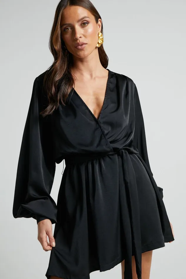 Laura Mini Dress 8211 Long Sleeve V Neck Wrap Dress In Black Women Showpo Dresses