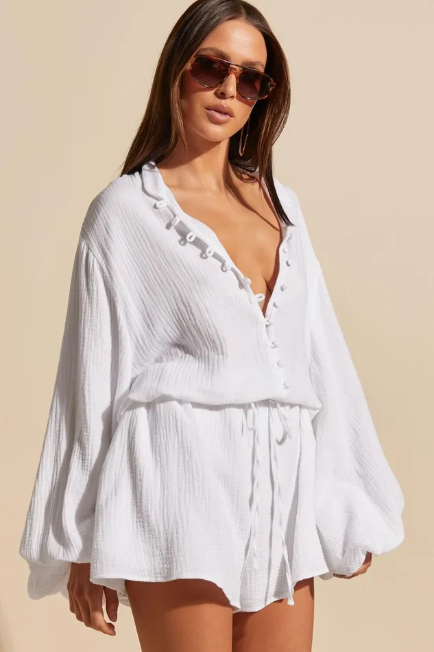 Laylani Playsuit 8211 V Neck Puff Sleeve In White Women Showpo Rompers