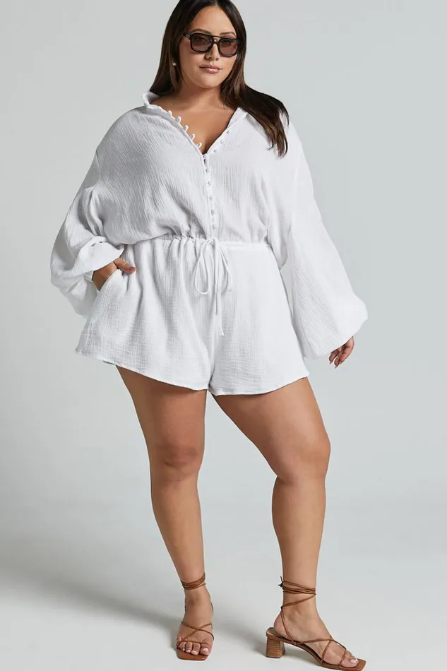 Laylani Playsuit 8211 V Neck Puff Sleeve In White Women Showpo Rompers