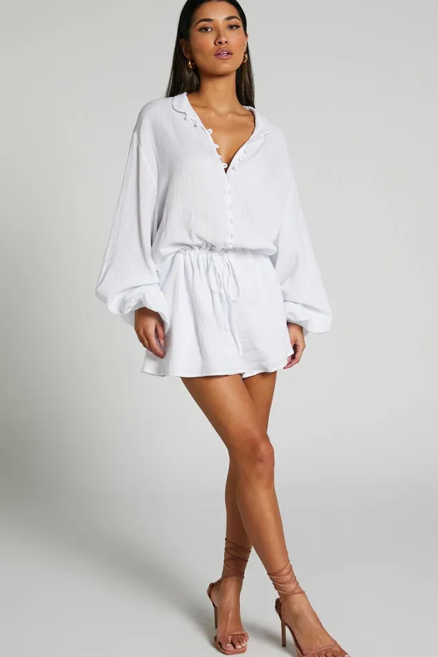 Laylani Playsuit 8211 V Neck Puff Sleeve In White Women Showpo Rompers
