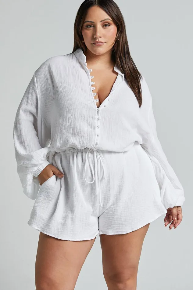 Laylani Playsuit 8211 V Neck Puff Sleeve In White Women Showpo Rompers