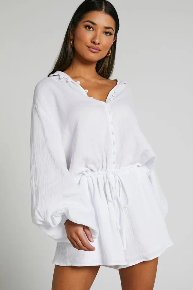 Laylani Playsuit 8211 V Neck Puff Sleeve In White Women Showpo Rompers