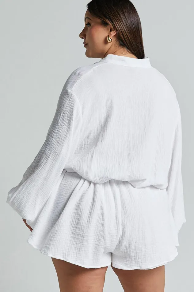 Laylani Playsuit 8211 V Neck Puff Sleeve In White Women Showpo Rompers