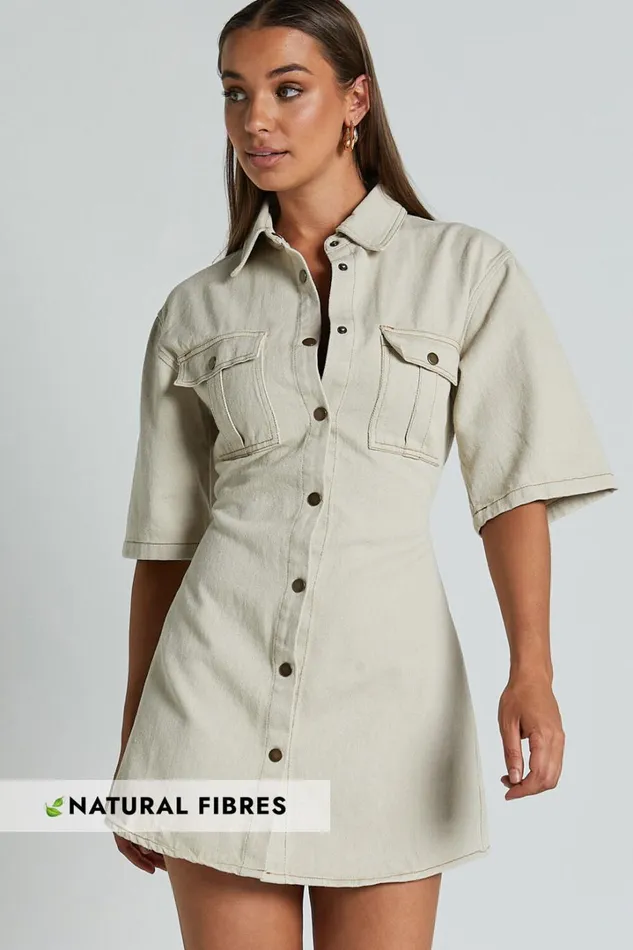 Leilani Mini Dress 8211 Denim Short Sleeve Button Up Dress In Natural Women Showpo Denim