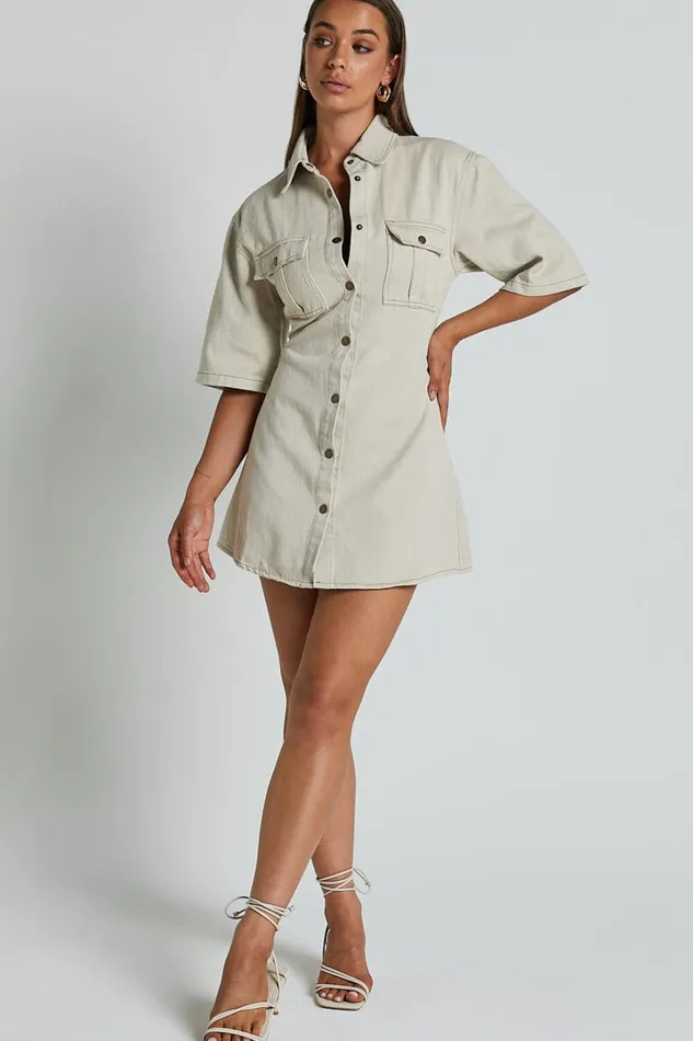 Leilani Mini Dress 8211 Denim Short Sleeve Button Up Dress In Natural Women Showpo Denim
