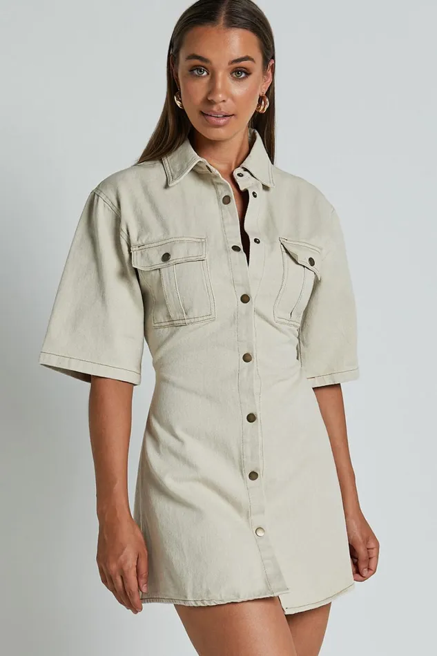 Leilani Mini Dress 8211 Denim Short Sleeve Button Up Dress In Natural Women Showpo Denim