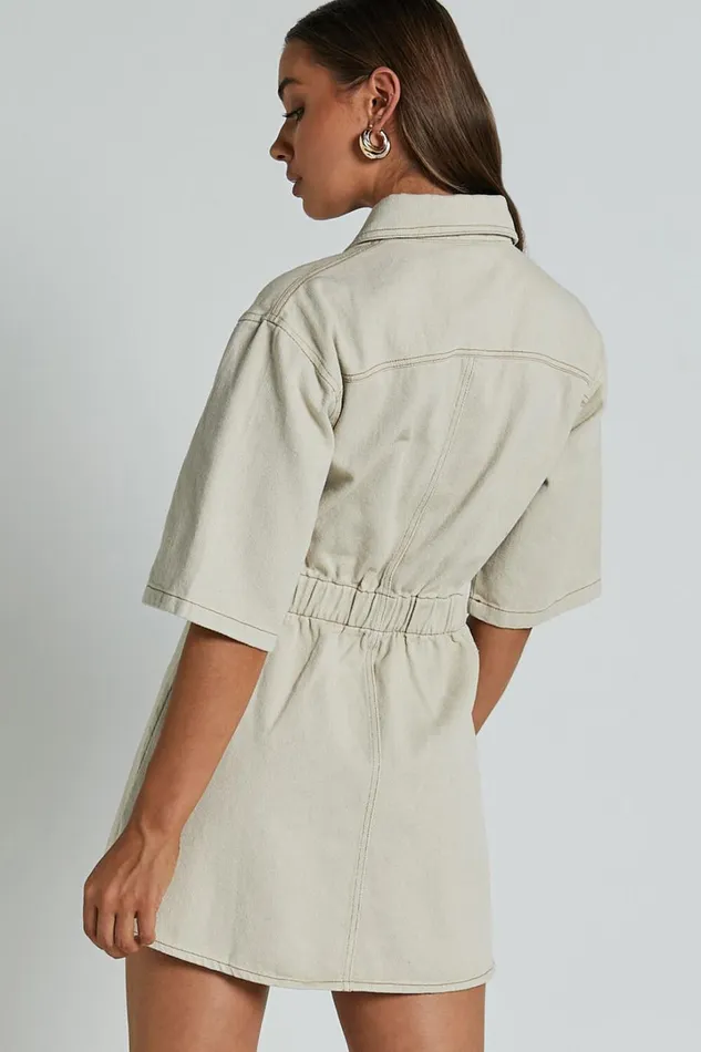 Leilani Mini Dress 8211 Denim Short Sleeve Button Up Dress In Natural Women Showpo Denim