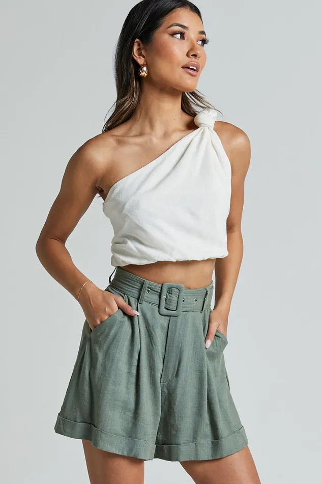 Lerose Pleated Shorts 8211 Linen Look Belted High Waisted Shorts In Sage Women Showpo Shorts