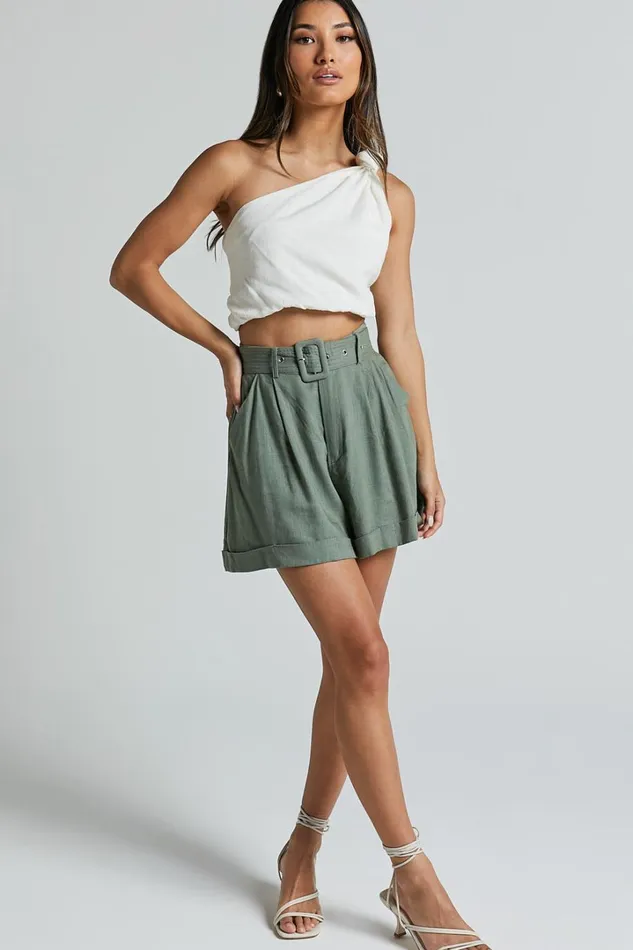 Lerose Pleated Shorts 8211 Linen Look Belted High Waisted Shorts In Sage Women Showpo Shorts