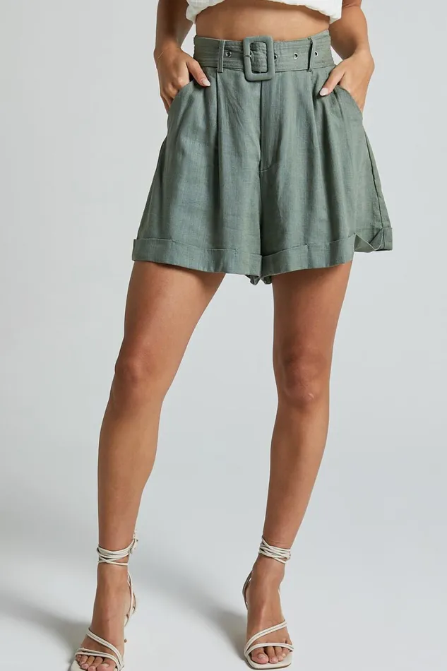 Lerose Pleated Shorts 8211 Linen Look Belted High Waisted Shorts In Sage Women Showpo Shorts