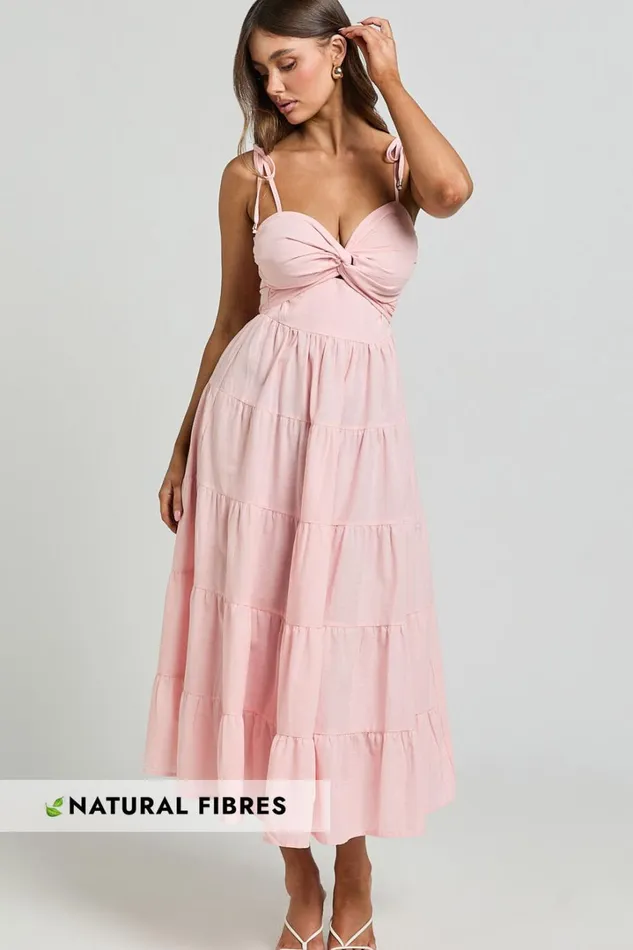 Leticia Midi Dress 8211 Twist Front Tie Strap Tiered Dress In Soft Pink Women Showpo Conscious Leticia Midi Dress 8211 Twist Front Tie Strap Tiered Dress In Soft Pink Women Showpo Conscious