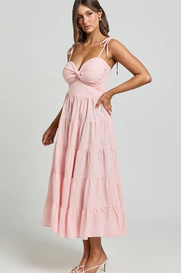 Leticia Midi Dress 8211 Twist Front Tie Strap Tiered Dress In Soft Pink Women Showpo Conscious