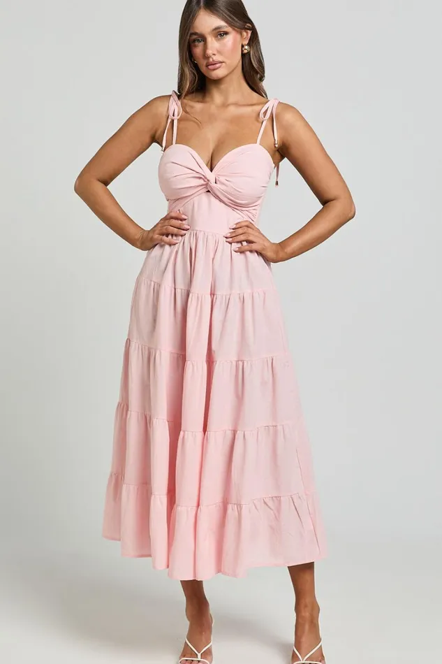 Leticia Midi Dress 8211 Twist Front Tie Strap Tiered Dress In Soft Pink Women Showpo Conscious