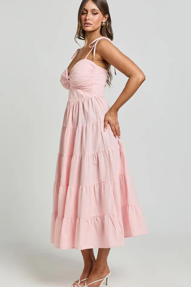 Leticia Midi Dress 8211 Twist Front Tie Strap Tiered Dress In Soft Pink Women Showpo Conscious