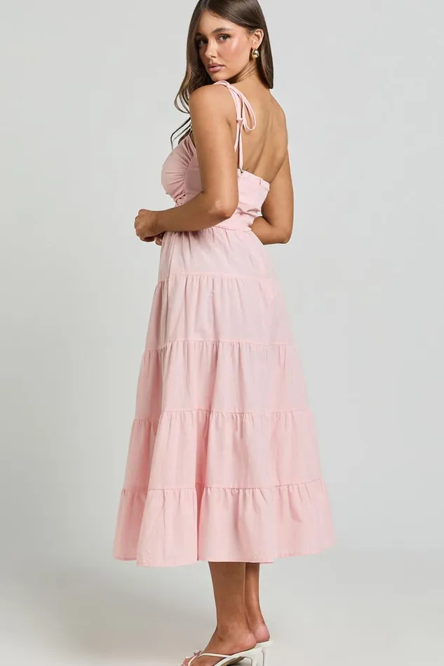 Leticia Midi Dress 8211 Twist Front Tie Strap Tiered Dress In Soft Pink Women Showpo Conscious