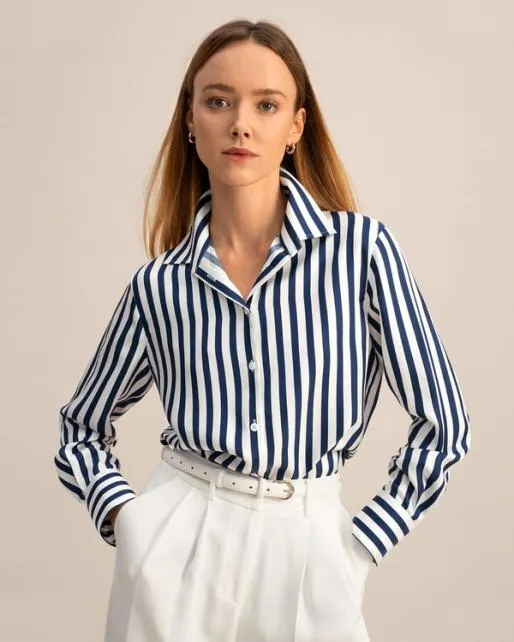 Lilysilk Classic Womenx27s Amalfi Blue White Stripe Silk Shirt Women Essentials