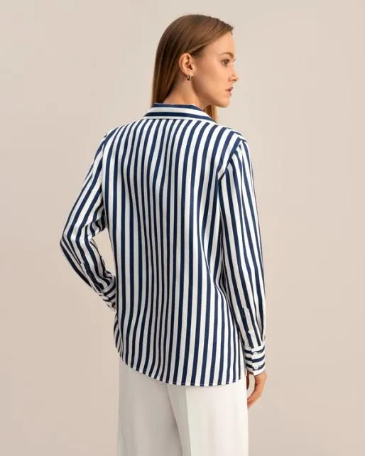 Lilysilk Classic Womenx27s Amalfi Blue White Stripe Silk Shirt Women Essentials