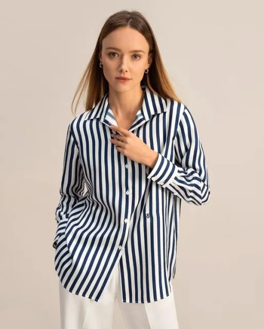 Lilysilk Classic Womenx27s Amalfi Blue White Stripe Silk Shirt Women Essentials