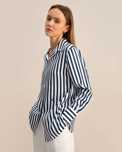 Lilysilk Classic Womenx27s Amalfi Blue White Stripe Silk Shirt Women Essentials