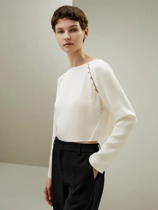 Lilysilk Cropped Pullover Silk Top With Button Detail Women Blouses Shirts