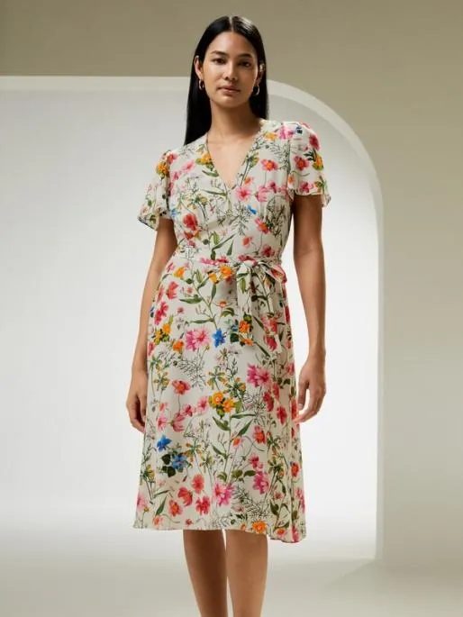 Lilysilk Floral Short Sleeve Silk Dress With Tie Belt Women Jumpsuits Dresses
